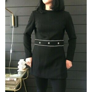 vtg 60s Mod black wool mini dress rhinestone belt glam party holiday retro small